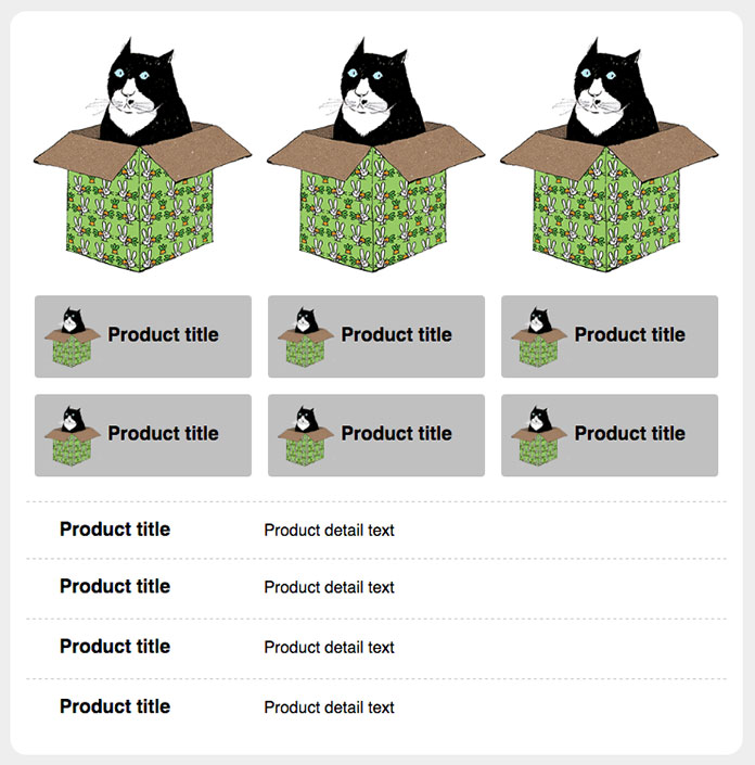 A grid of three cat graphics in a top row, then two rows of  blocks each comprising a cat graphic and a product title, then four rows each listing text for product title and  product details.
