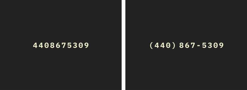 Two example numbers side by side, one a single unbroken string of ten digits, the other with parentheses around the first three digits, and a dash after the second three digits (resembling a phone number much like Jenny's from Tommy Tutone's classic song).