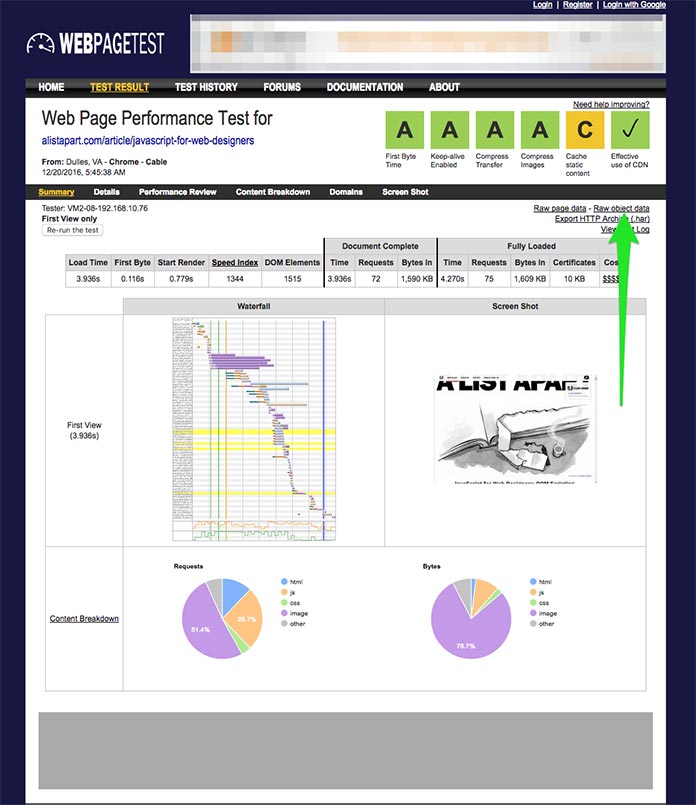 WebPagetest screenshot showing raw object data