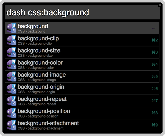 A CSS-focused Dash search for “background” using Alfred.