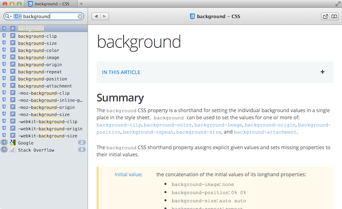 A CSS-focused Dash search for “background”.