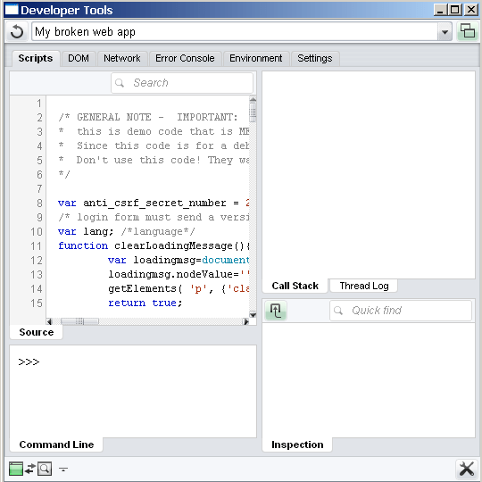 Dragonfly debugger with the first inline script in page selected