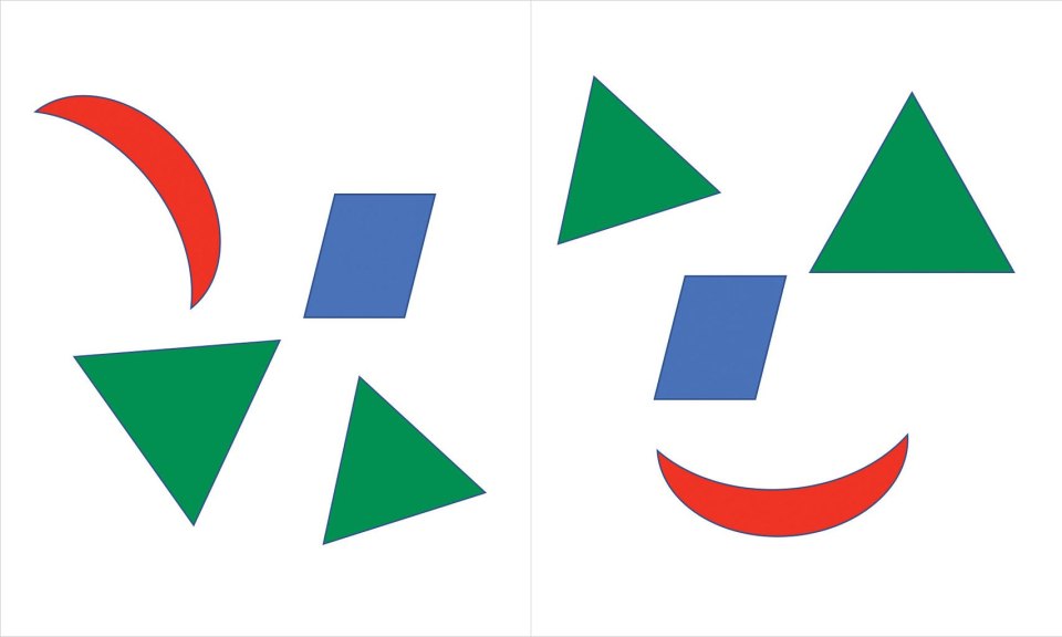 An assortment of the same four shapes side by side. The grouping on the right looks like a face based on the shape positions.
