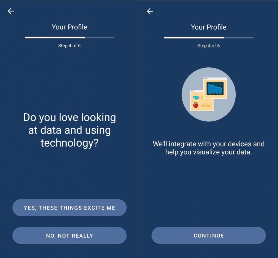 Screenshots of the LoseIt app showing it asking whether a user enjoys looking at data and using technology then acknowledging their choice.