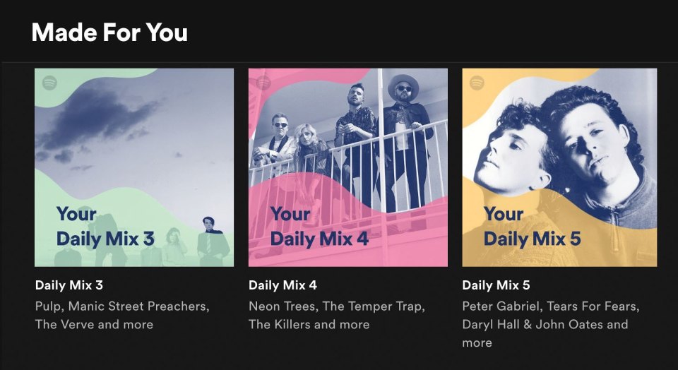 Spotify's Daily Mixes showcasing three distinct sets of musical styles based on the user's listening habits.
