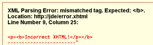 Screenshot of XML parse error for mismatched tags