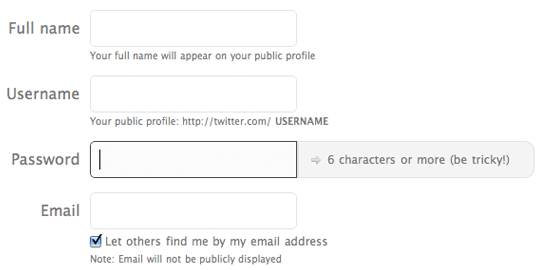 Twitter's signup page displays format requirements next to the password field