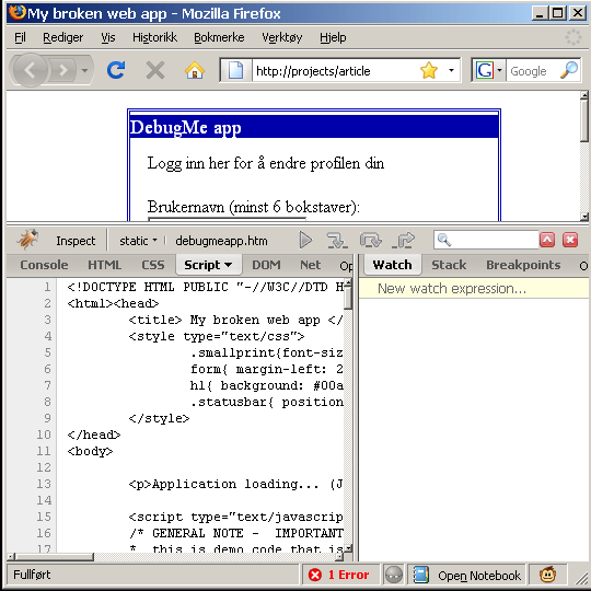 Firebug debugger with script tab open for source inspection
