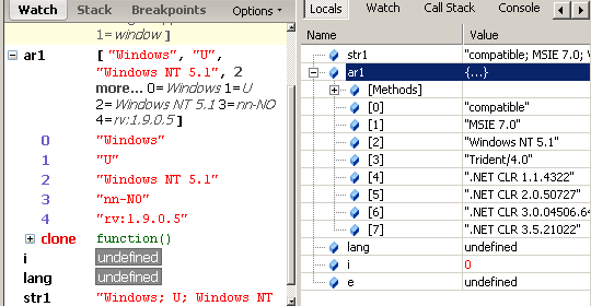 Firebug and IE8's local variables pane while running getLanguage function