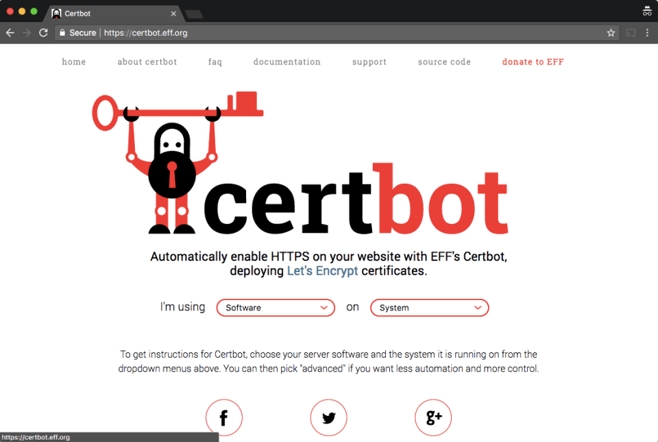 Screenshot of certbot.eff.org