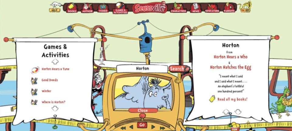Screenshot of Seussville's games and activities page