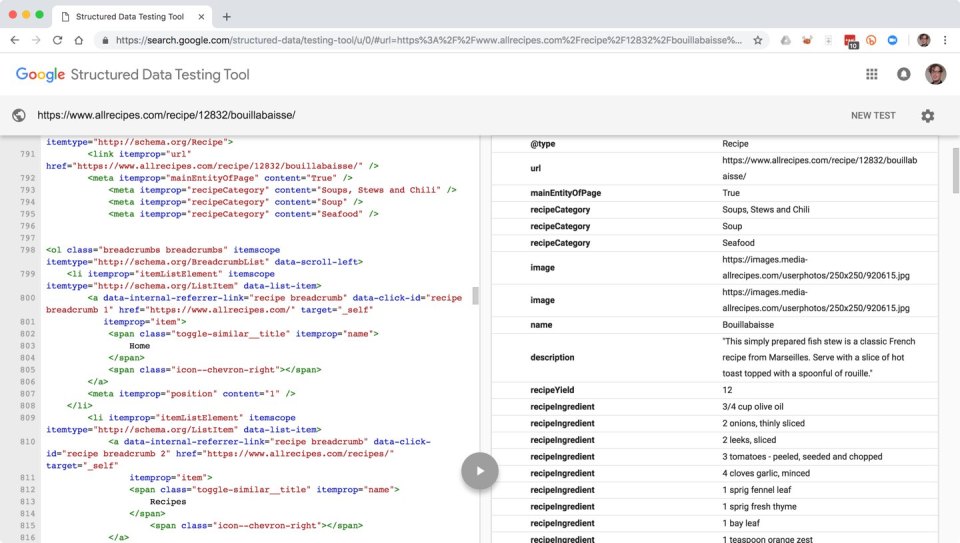 Google Structured Data Testing tool showing the markup for a bouillabaisse recipe website on the left half of the screen and the structured data attributes and values for structured content on the right half of the screen.