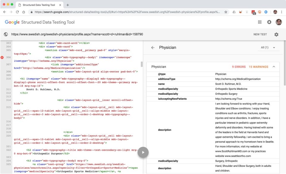 Google Structured Data Testing tool, showing the markup for Dr. Ruhlman's profile page on the left half of the screen, and the structured data attributes and values for the structured content on that page on the right half of the screen.