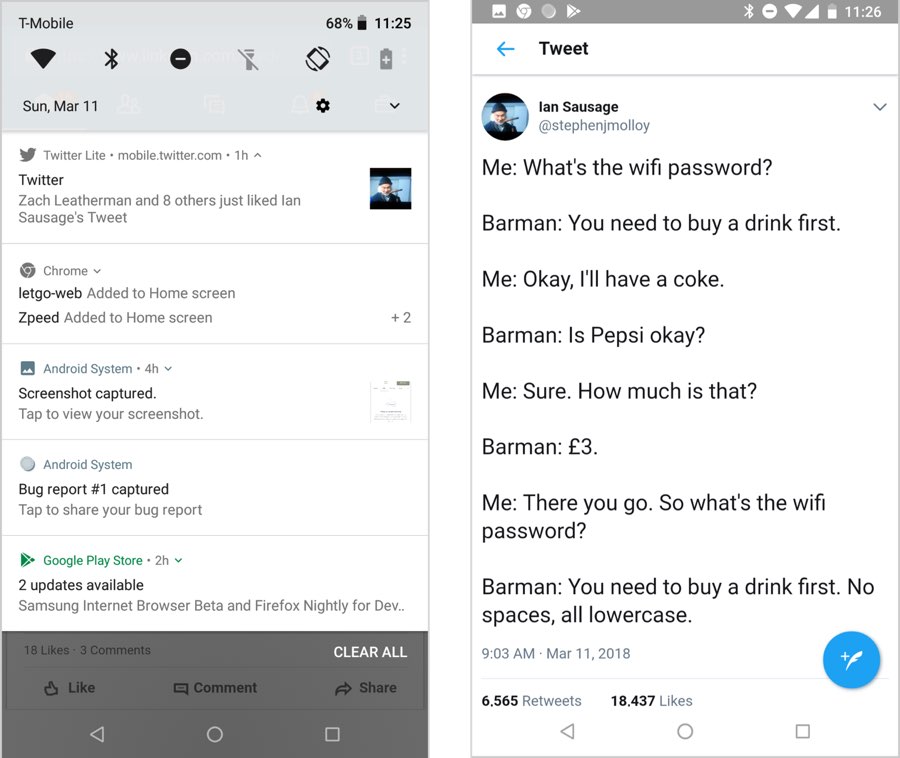Two screens: On the left, a list of system notifications including one from the Twitter website. On the right, the notification opened on the Twitter site to a funny tweet about WiFi passwords in a bar.