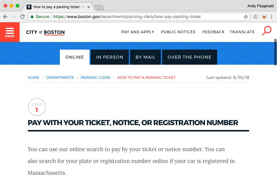 The City of Boston website's “How to Pay a Parking Ticket” page, showing a tabbed view of ways to pay and instructions for the first of those ways, paying online.