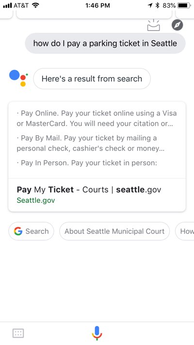 Google Assistant app on iPhone with the results of a “how do I pay a parking ticket in Seattle” query, showing nearly the same results as on the desktop web page referenced above.