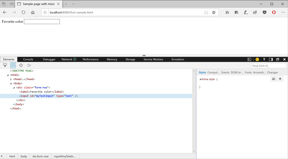 Screenshot showing the Microsoft Edge dev tools inspecting an input element