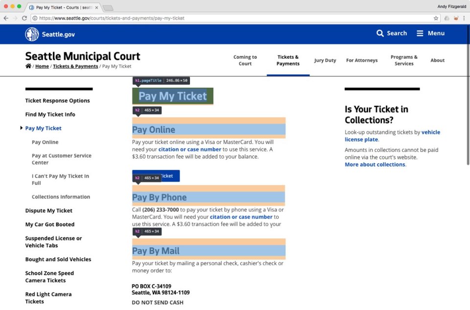 The City of Seattle website’s “Pay My Ticket” page, with the HTML heading elements outlined and labeled for illustration.