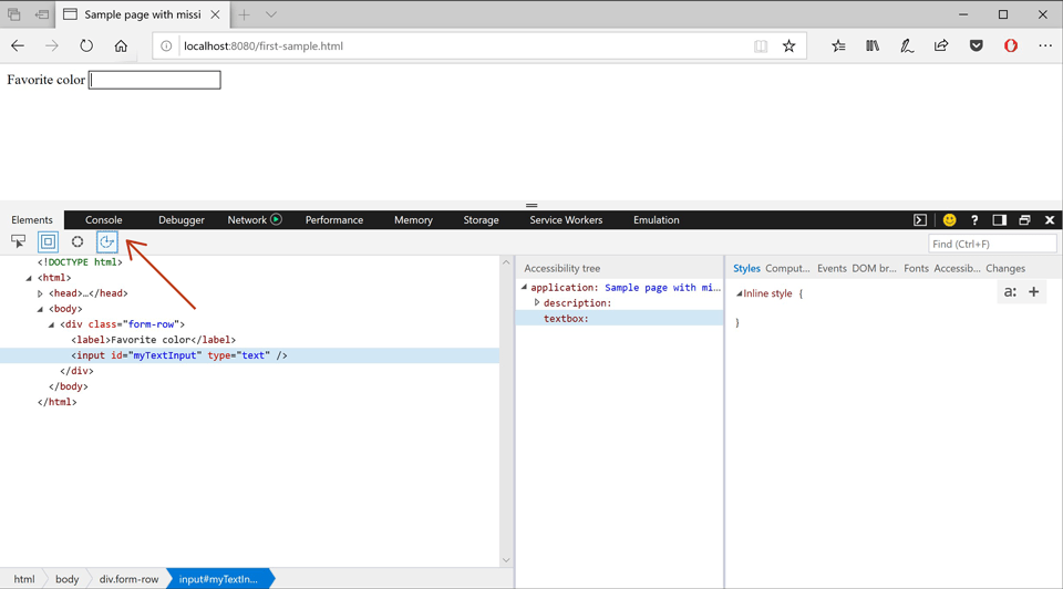 Screenshot showing the Microsoft Edge tools inspecting an input element with the Accessibility Tree panel open