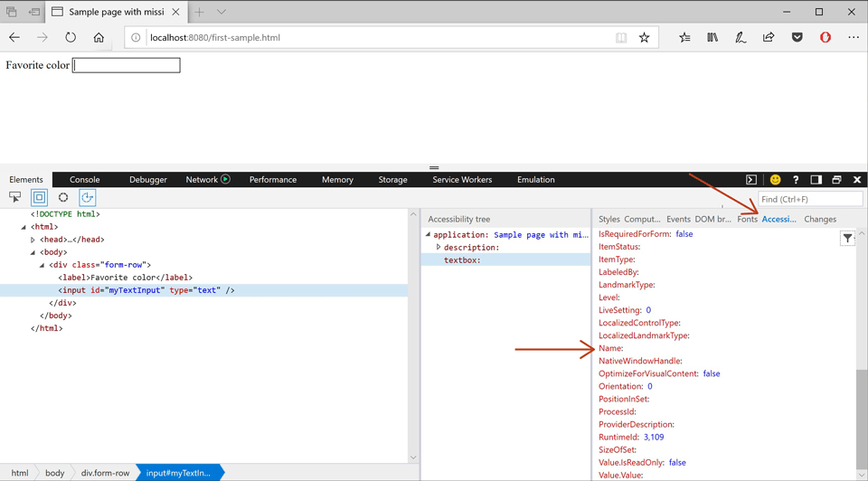 Screenshot showing the Microsoft Edge tools inspecting an input element with the Accessibility Tree panel open