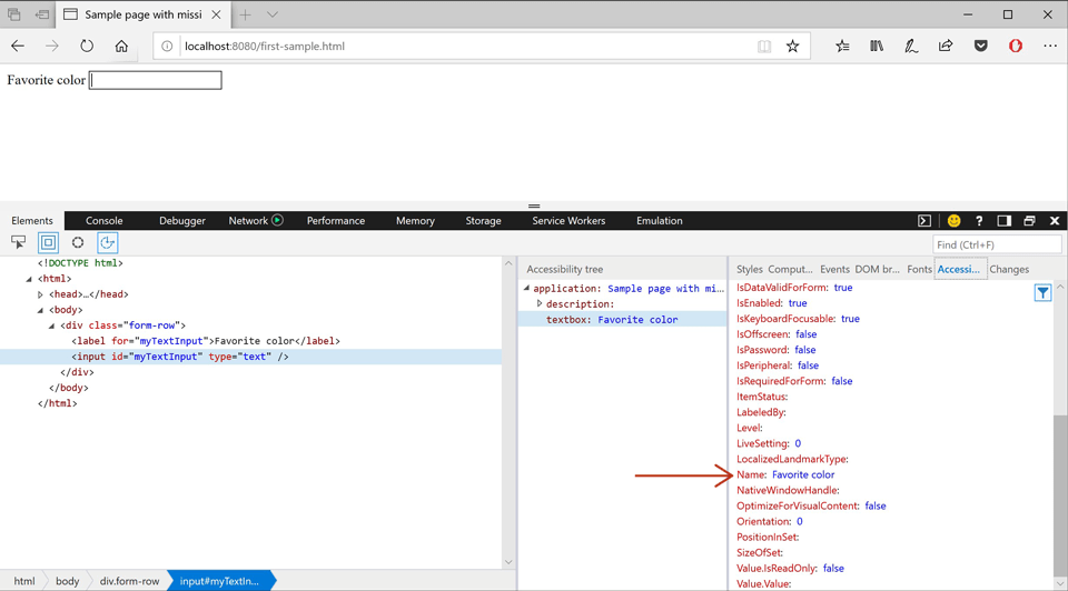 Screenshot showing the Microsoft Edge tools inspecting an input element with the Accessibility Tree panel open, where the input's Name attribute now has a value