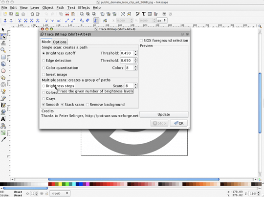 Opening the Trace bitmap dialog window
