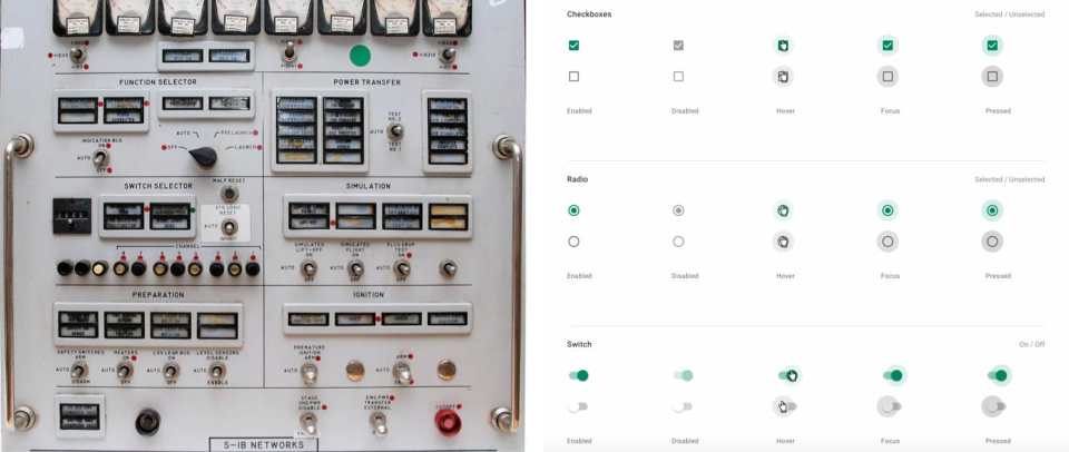 Two images side by side: one showing buttons and radio inputs on a physical control panel and the other showing form inputs on the web.