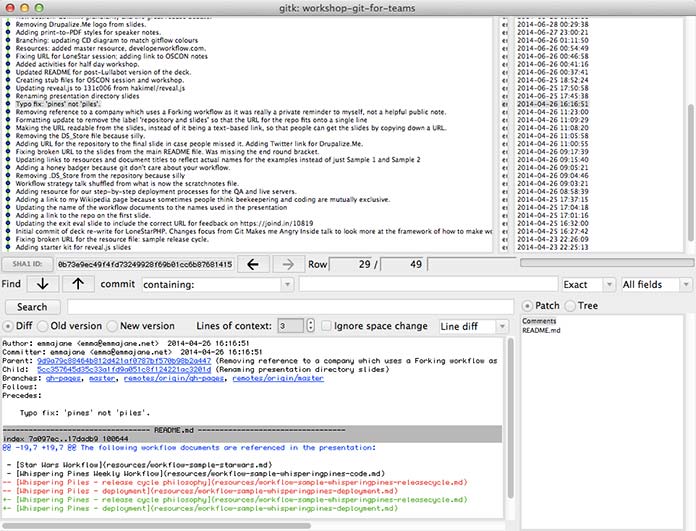 Screenshot of the gitk repository browser.