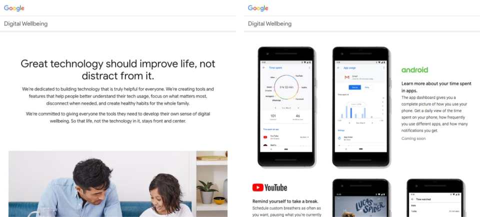 Google's Digital Wellbeing initiative website details how they're helping users spend less time staring at screens.