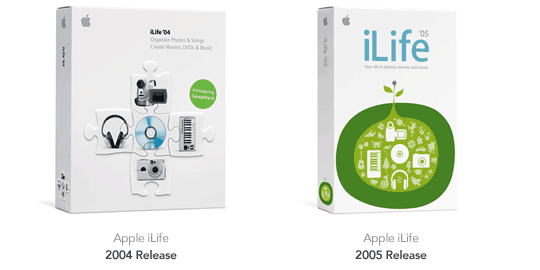 Image showing brand differences in packaging between iLife '04 and '05.