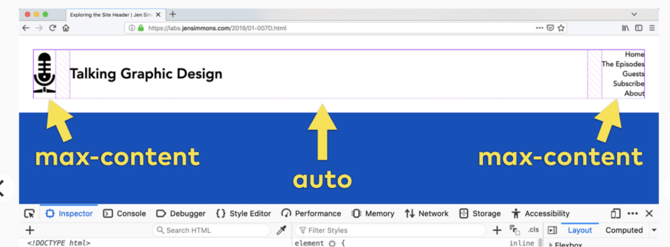 A slide from a presentation showing two boxes with max content and one with auto