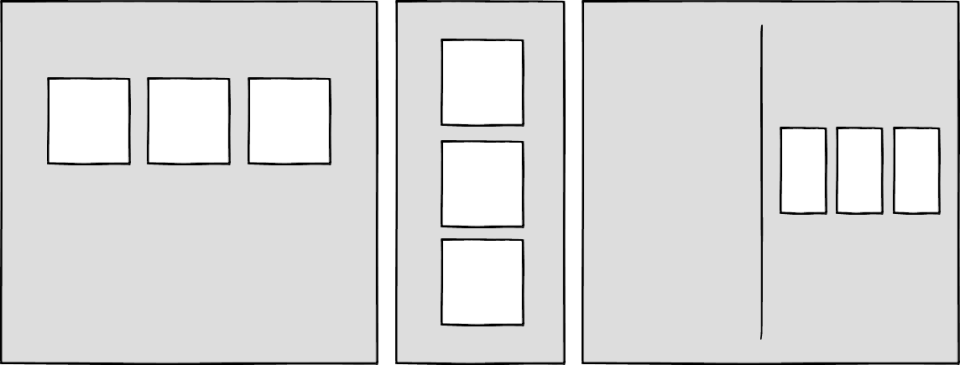 Wireframes showing different configurations of boxes at three different sizes