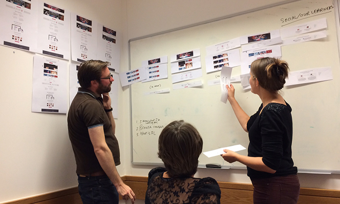 Photograph of the team at FutureLearn organizing modules into comps.