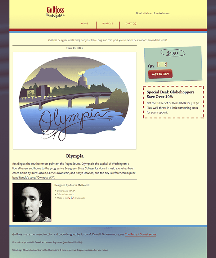 The Olympia page of the Gullfoss Travel Supply Co.  site.