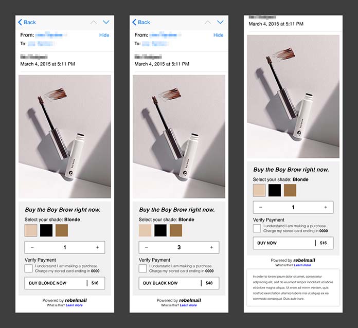 Image showing the different stages of Rebelmail’s interactive checkout email.