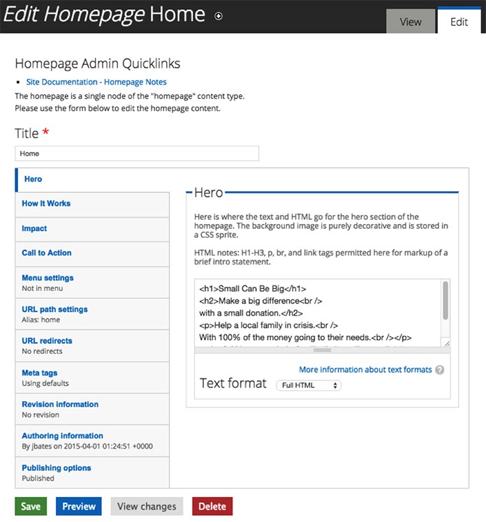 A screenshot of the CMS homepage edit form, open to the hero edit tab.