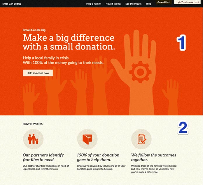 A screenshot of the Small Can Be Big homepage, showing the first two sections of the design.