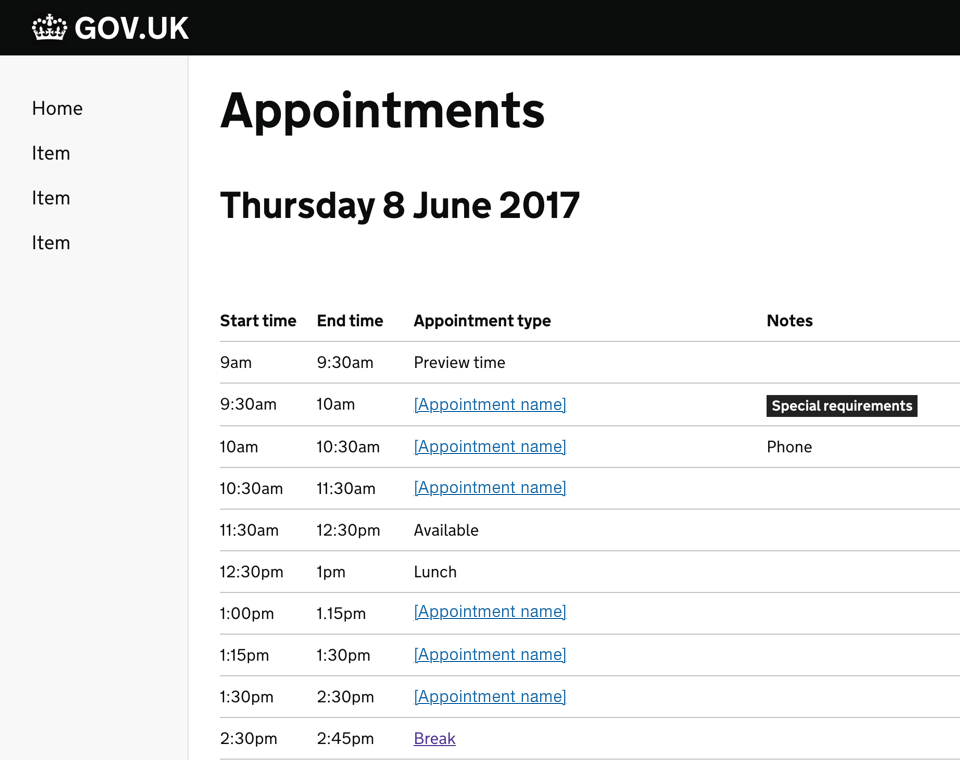 Screenshot of an app view to display the day's appointments