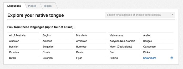 Screenshot of the native languages list in the Australian Census Explorer