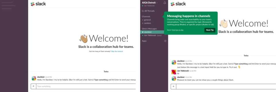 Screenshots of Slack's onboarding experience where users learn the system by chatting with Slackbot before being introduced to the rest of the UI.