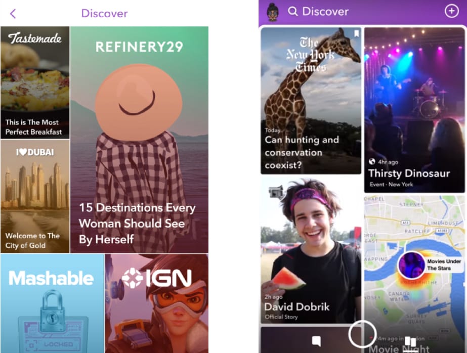 Screenshots from before and after Snapchat's redesign show a drastically different interface that confused many users.
