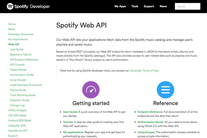 Screenshot: The homepage of Spotify's API documentation.