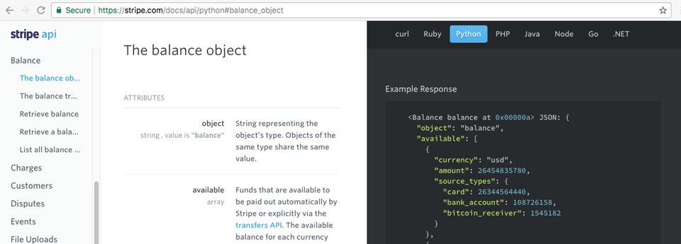 Screenshot: A specific section of the Stripe API documents with the location bar showing that the URL has changed.