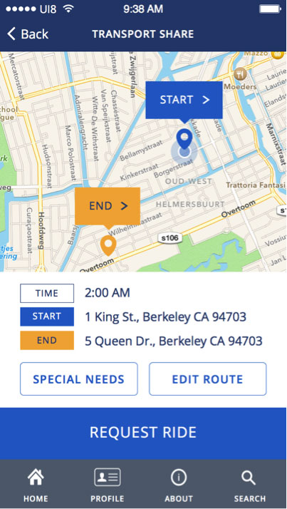 Screenshot of the ride request summary, showing a map with markers for “Start” and “End,” but no path between them.