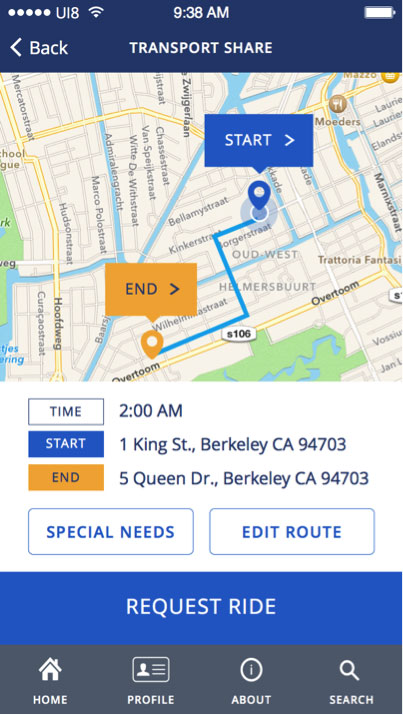The same screenshot of the ride request summary, showing a map with markers for “Start” and “End,” this time with a path connecting them.