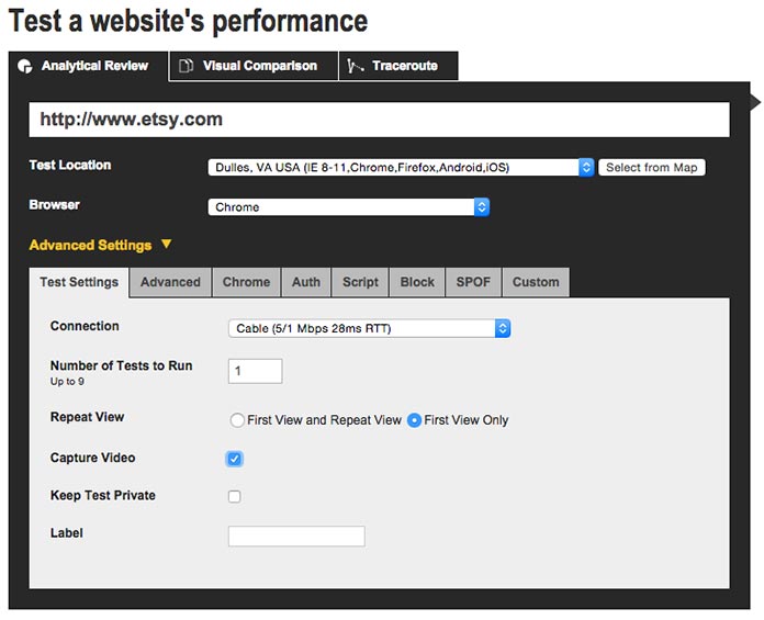 Screenshot from WebPagetest.org with example settings selected for a performance test run.