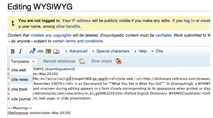 Screenshot of Wikipedia’s custom rich-text editor, with assistive tools for Wiki-specific markup