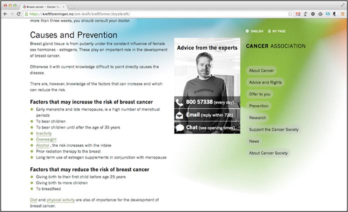 Screenshot of a page about breast cancer, showing text about causes and prevention on the left, and the cancer helpline box on the right.