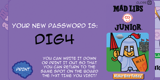The Funbrain password screen assigns a system-generated password.